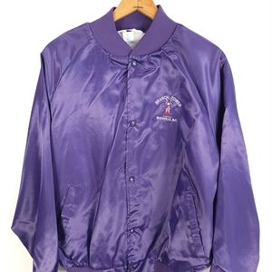 Vtg West Ark Branch Tower NC Bomber Satin Jacket Men's XL Purple Distressed USA